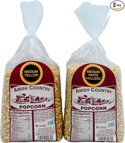 Amish Country Popcorn | 2-2 lb Bags | 2 lb Medium White and 2 lb Medium Yellow Popcorn Kernels