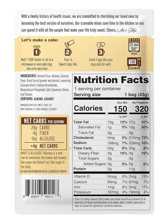 Sweet Logic Keto Dessert Mug Cake Mixes - Carrot Cake - Low Sugar - Gluten-Free - Low Carb