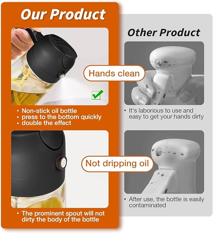 Oil Sprayer for Cooking 2 in 1, 470ml/16oz, Oil Spray & Dispenser Glass Bottle, Food-grade material