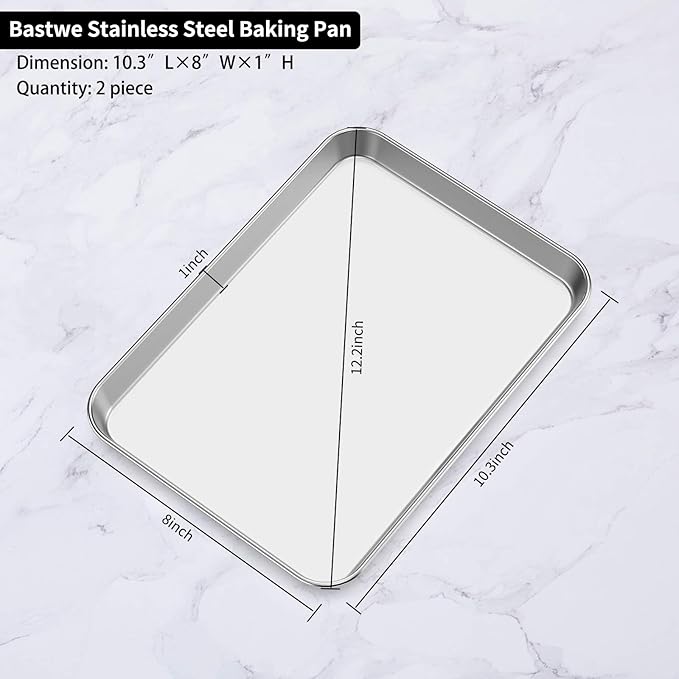 Baking Sheets Set of 2, Bastwe Stainless Steel Baking Pan Tray Cookie Sheet, Size 10 x 8 x 1 inch