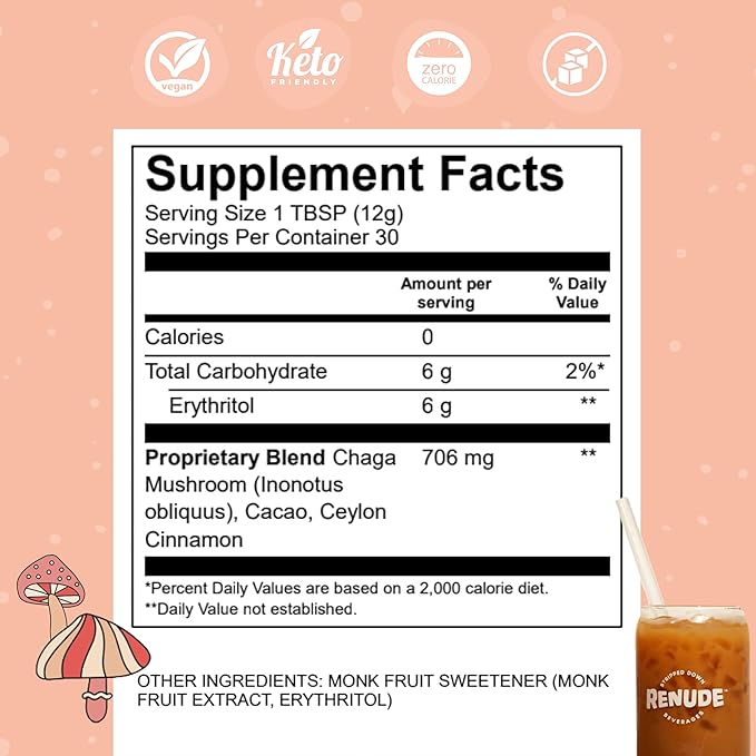 Renude Chagaccino - Chaga Mushroom Powder, Mushroom Coffee Drink Mix with Adaptogens, Natural