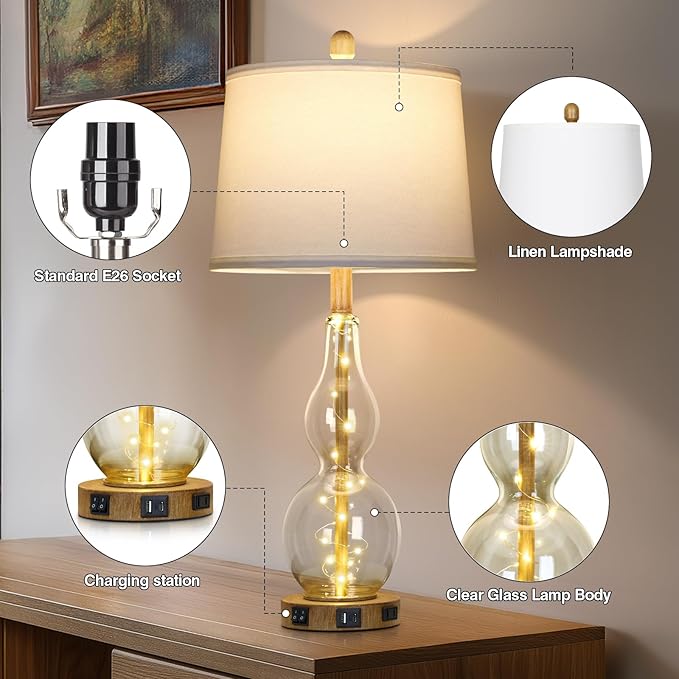 27.5" Clear Glass Table Lamp Set of 2 with Night Light,Bedside Lamps with USB Ports and AC Outlet