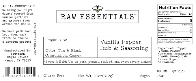 Raw Essentials Vanilla Pepper Rub & Seasoning??Sweet & Bold ??Use on Pork, Poultry, Seafood, and
