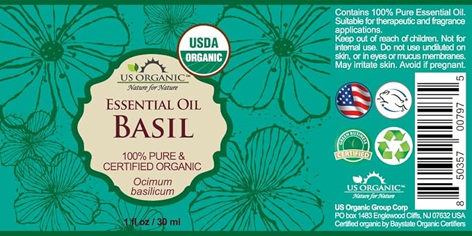 US Organic 100% Pure Basil Essential Oil - USDA Certified Organic, Steam Distilled W/Euro droppers