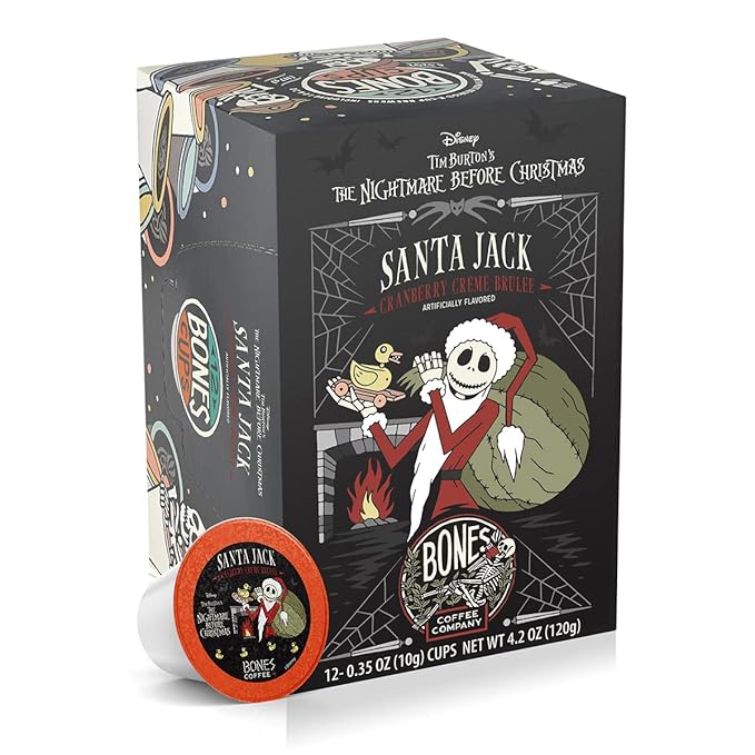 Bones Coffee Company Santa Jack, Cranberry Creme Brulee Flavored Coffee Pods, Low Acid Medium Roast