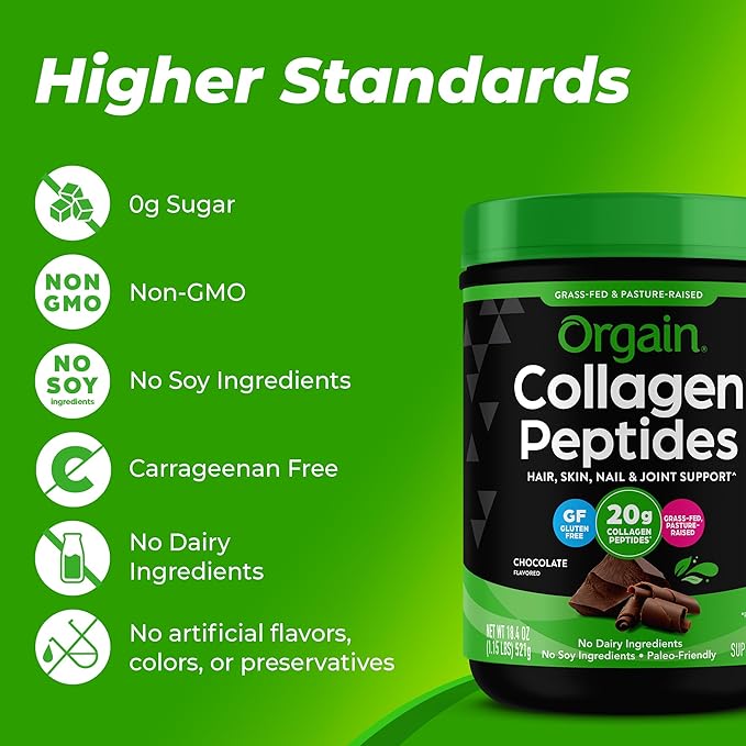 Orgain Hydrolyzed Collagen Peptides Powder For Women & Men, Chocolate, 20g Grass Fed Collagen