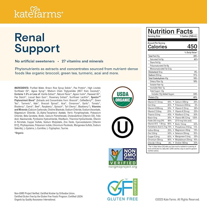 KATE FARMS Organic 1.8 Renal Support Shake, Vanilla, 20g Protein, 27 Vitamins and Minerals