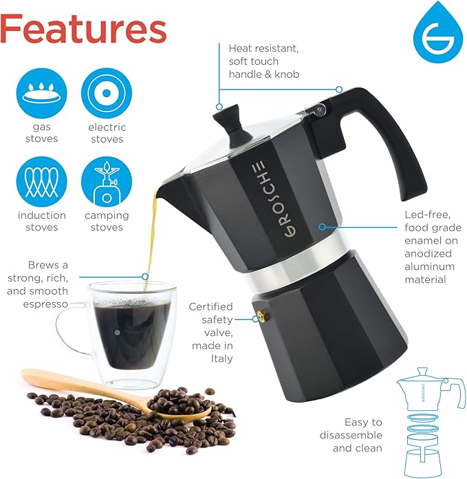 GROSCHE Milano Stovetop Espresso Maker Moka Pot 9 espresso Cup, 15.2 oz, Black. Cuban Coffee Maker