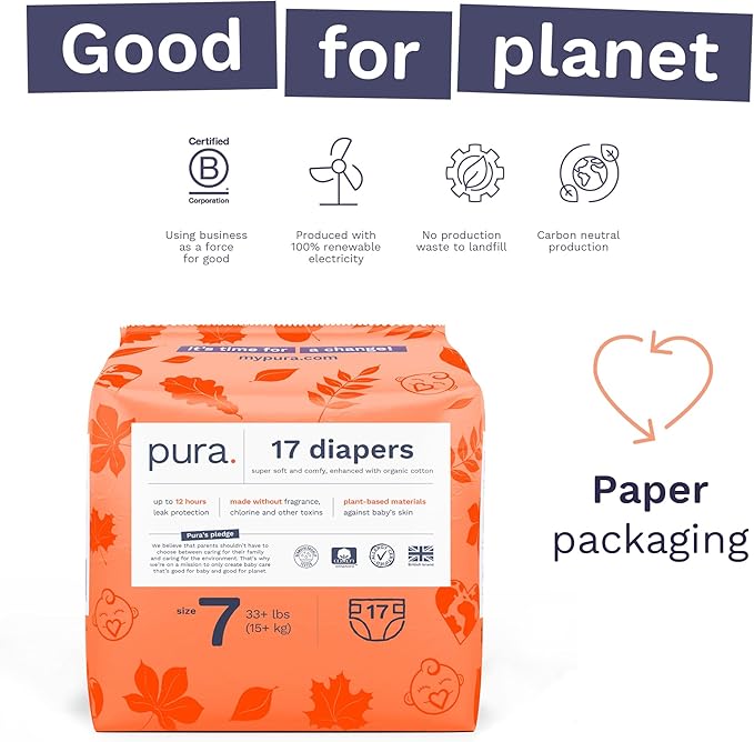 Pura Size 7 Eco-Friendly Diapers (33+lbs) Totally Chlorine Free (TCF) Hypoallergenic, Soft Organic