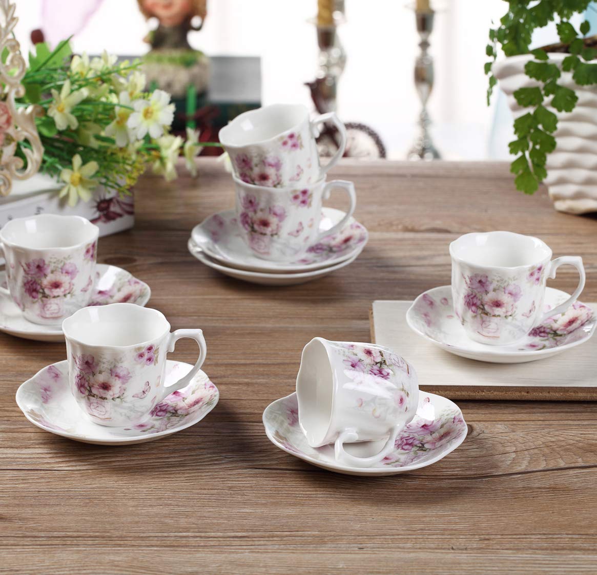 GuangYang 2.5 oz Porcelain Espresso Cups and Saucers Set – Floral Design, Purple Pattern