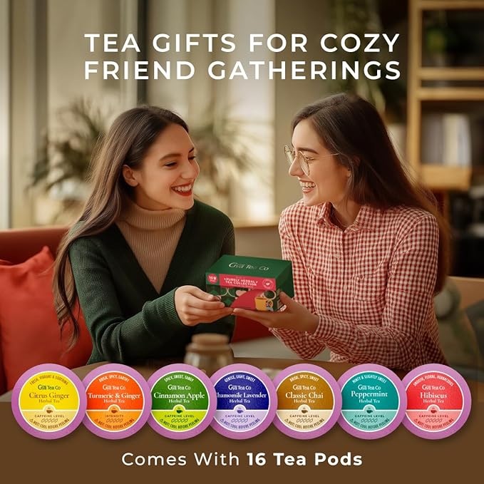 Gya Tea Co Caffeine Free Tea Gift Set Purely Herbal Collection Tea Pod (16 ct) - 7 Flavors Assorted