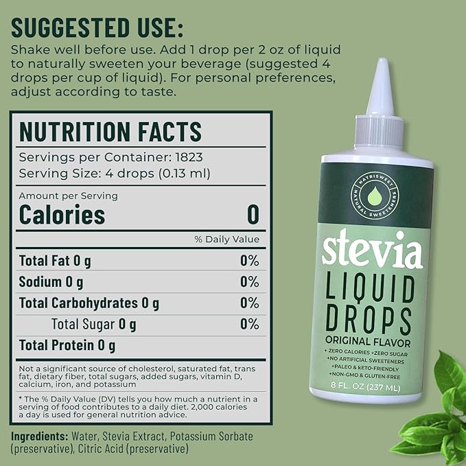 Stevia Liquid Drops, 8 Fl oz, 1823 Servings, Pure Concentrated Drops with Zero Calories & Zero