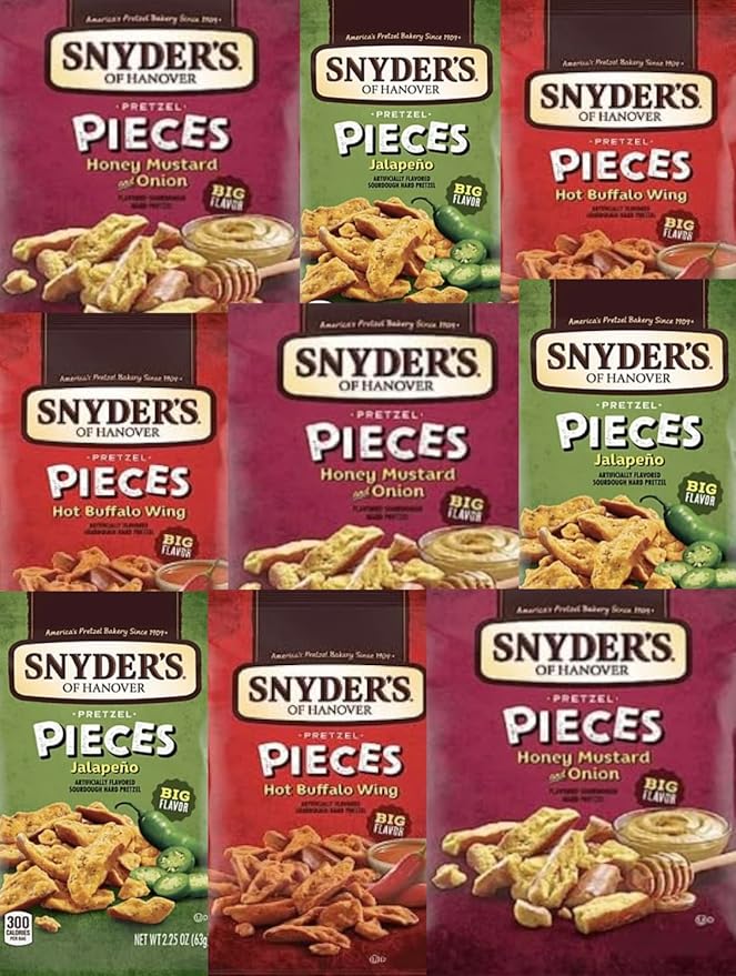 Snyder's Pretzels: 3 Variety 9 Pack: 3 Honey Mustard - 3 Buffalo Wings - 3 Jalape챰o Pretzels - 2.25