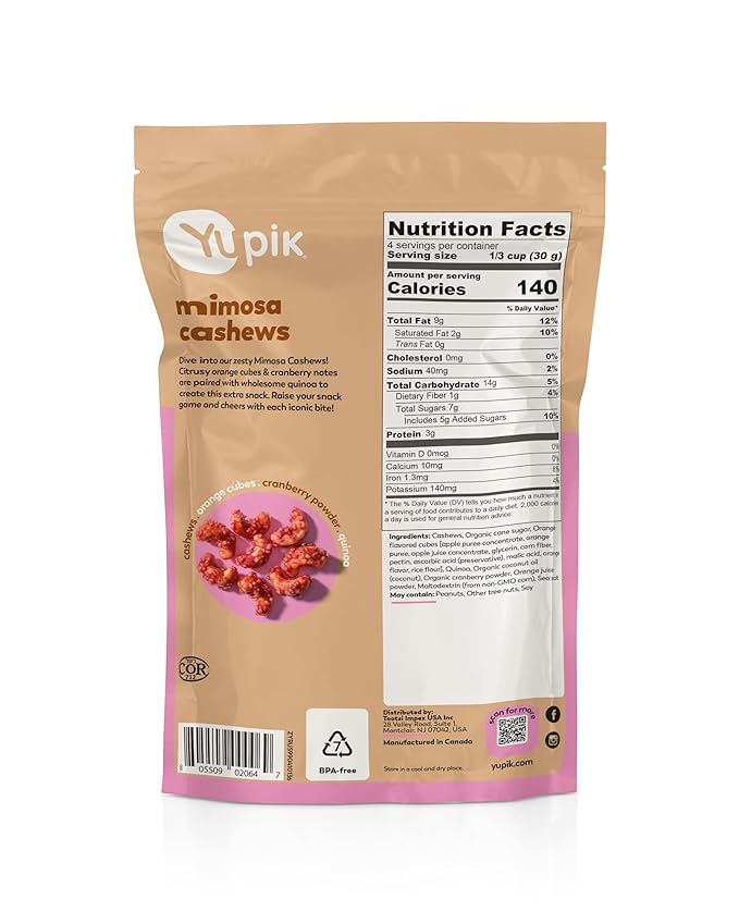 Yupik Orange Cranberry Mimosa Cashews, 4.8 Oz, Kosher, Made with Natural Ingredients, Brunch