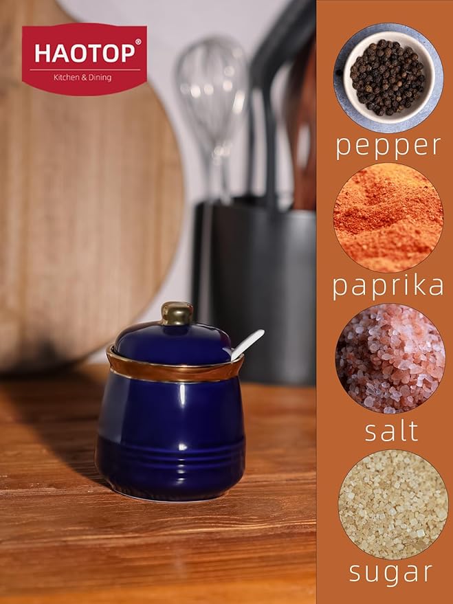 HAOTOP 12oz Sugar Bowl with Lid and Spoon,Simple Ceramic Sugar Jar Sugar Container Sugar Dispenser