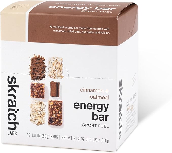 Skratch Labs Energy Bar | Cinnamon + Oatmeal (12 Pack) | Plant Based Healthy Snack | Low Sugar - 5g