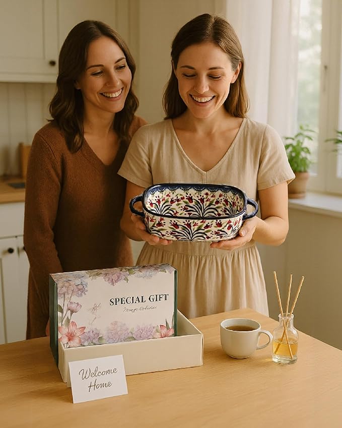 Ceramic Baking Dish Set of 2 ??Decorative Polish Pottery Style Casserole Dishes with Handles, Cute