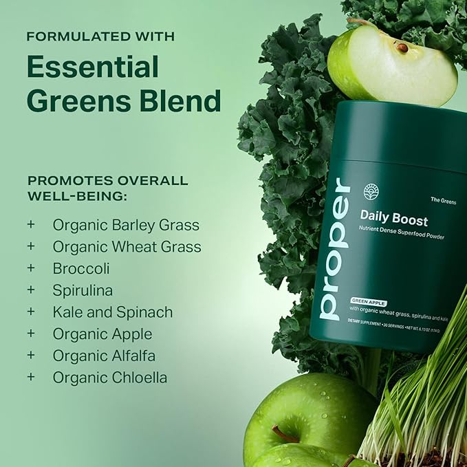 Proper, The Greens Daily Boost Organic Greens Powder. Whole Food, Apple Flavor Veggie Powder