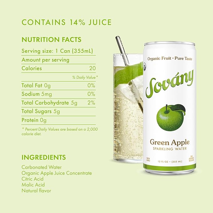 Sovány Sparkling Water, Green Apple, Seltzer Water Drinks, USDA Organic, Made With Real Fruit