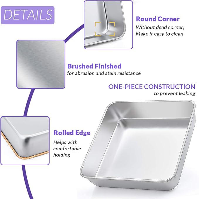 8 x 8-Inch Baking Pan, E-far Square Cake Brownie Baking Pans Stainless Steel Bakeware Set of 3
