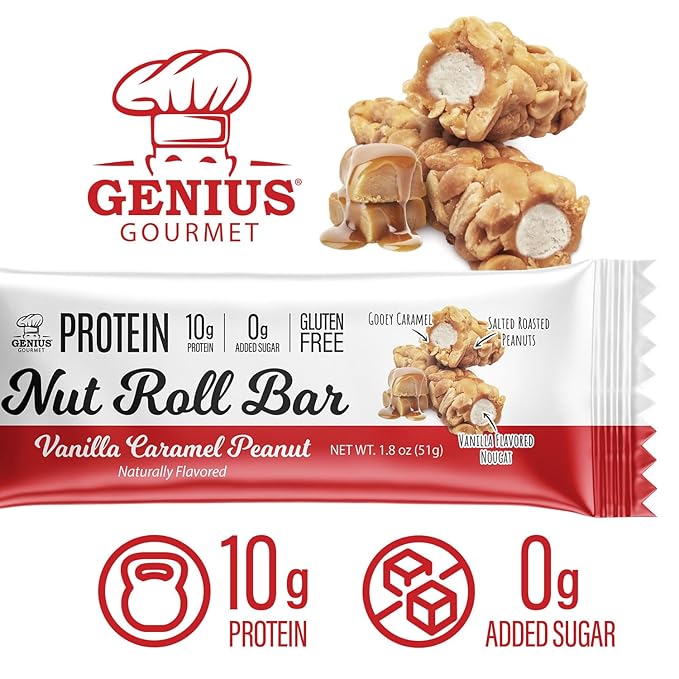 Genius Gourmet Nut Roll Bars Vanilla Caramel Peanut ??10g Protien, Zero Added Sugar, Gluten Free