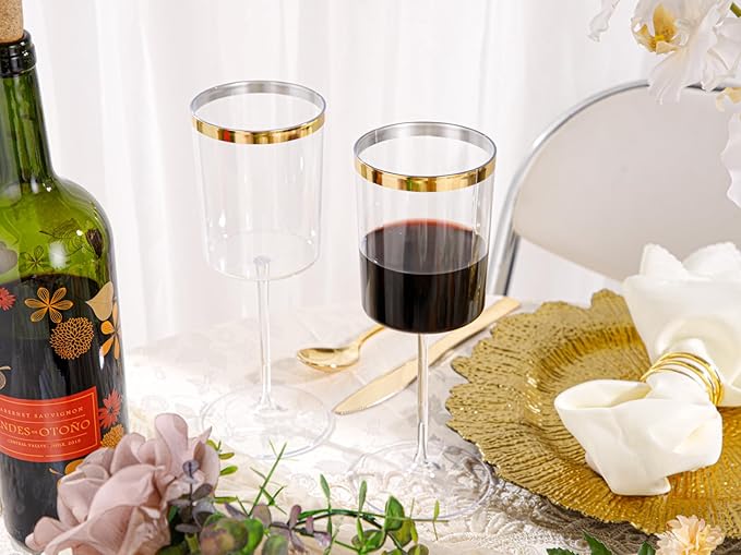 Ciaell 12 Pack Plastic Wine Glasses - 14 Oz Plastic Wine Glasses with Stem - Square Gold Disposable