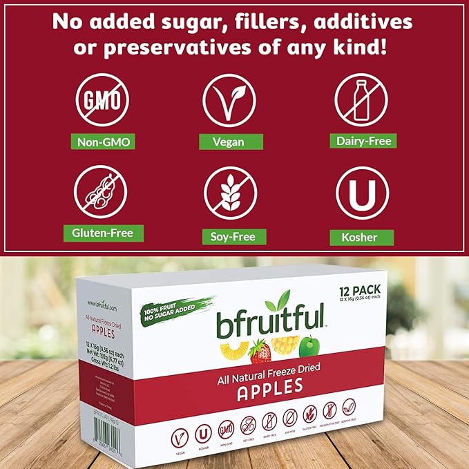 bfruitful Freeze-Dried Apple, Freeze Dried Fresh Fruit Bites, Gluten Free, Vegan, Dairy Free