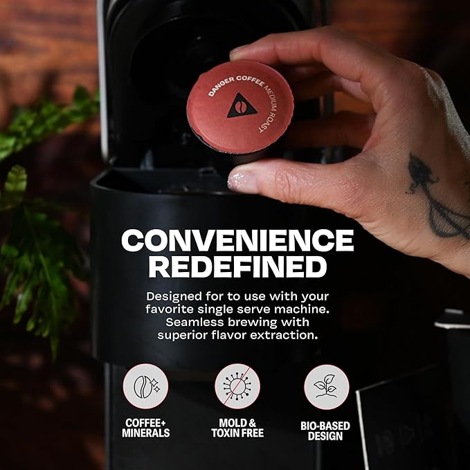 Danger Coffee by Dave Asprey, Remineralized, Mold Free & Lab Tested Compostable Pods | Medium Roast