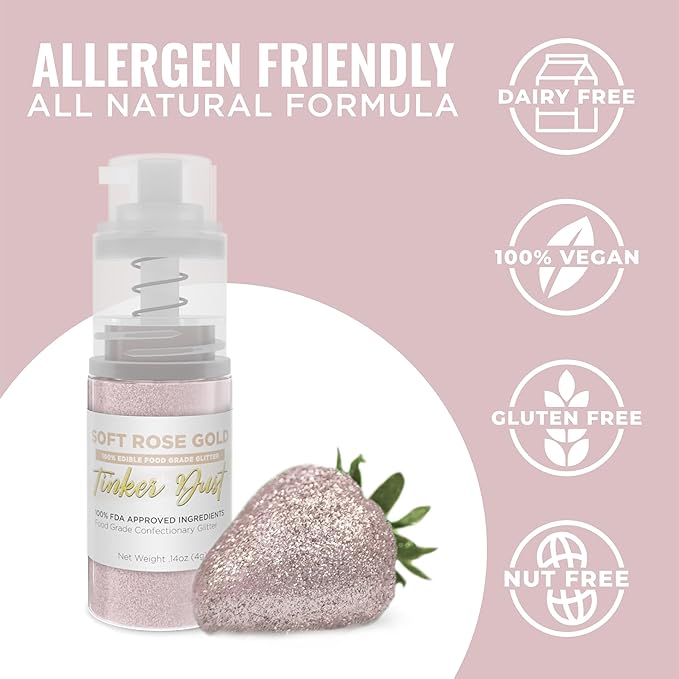 Bakell - Soft Rose Gold Tinker Dust (4g, 1x Mini Spray Pump) Edible Glitter for Food, Desserts, and
