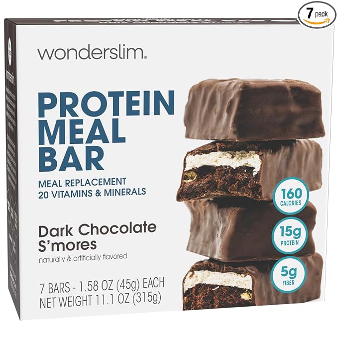 WonderSlim Meal Replacement Protein Bar, Dark Chocolate S'mores, 15g Protein, 20 Vitamins &