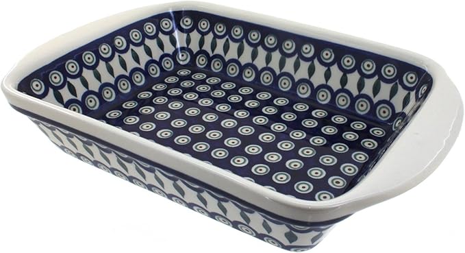 Blue Rose Polish Pottery - Blue Peacock Large Rectangular Baker with Handles - 9" x 6.5" - Unique