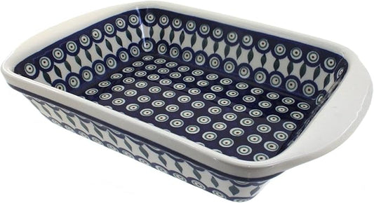 Blue Rose Polish Pottery - Blue Peacock Large Rectangular Baker with Handles - 9" x 6.5" - Unique
