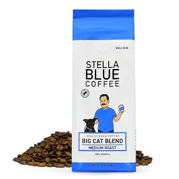 Stella Blue Whole Bean Coffee, Big Cat Blend, Medium Roast, Caramel, Hazelnut and Fruity Notes