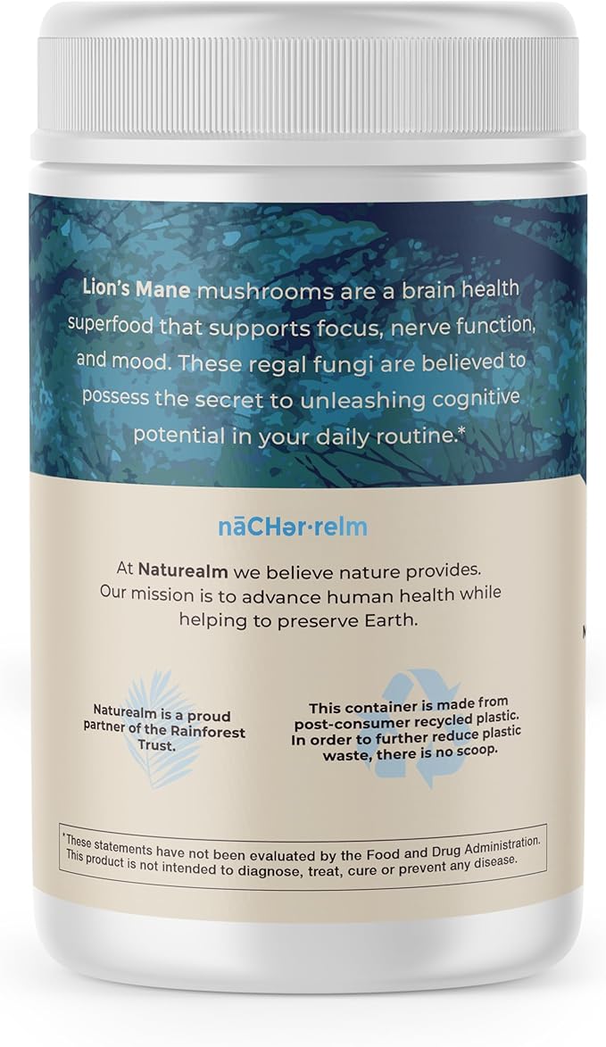 Naturealm Lion's Mane Mushroom Powder - Organic Brain Support for Focus Memory Mental Clarity - Non