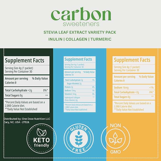 Carbon Sweeteners Variety Pack ??Stevia Sweetener Packets with Collagen, Turmeric, and Inulin