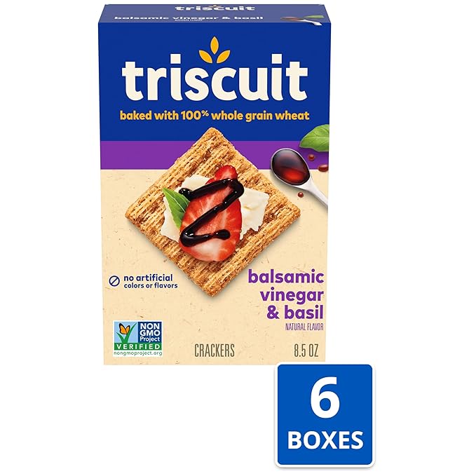 Triscuit Balsamic Vinegar & Basil Whole Grain Wheat Crackers, Lunch Snacks, Bulk Snack Crackers, 6