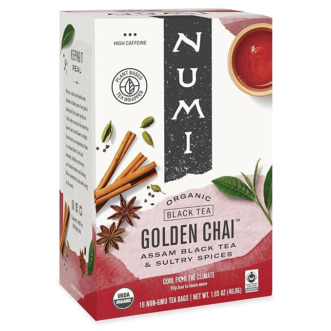 Numi Organic Golden Chai Tea, 18 Tea Bags, Assam Black Tea, Cardamom, Ginger & Anise (Packaging May