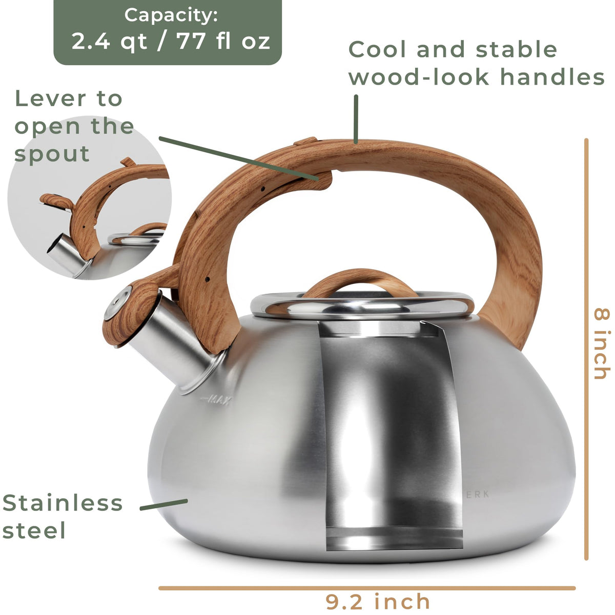 WALDWERK Tea Kettle Stovetop (2.4 Quart) - Teapot for Stovetop - also for Induction and Gas Stoves