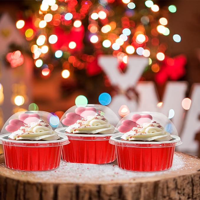 Red Cupcake Liners Muffin Tins 50 Pack,Free-Air 5oz Aluminum Foil Baking Cups with Lids,Disposable