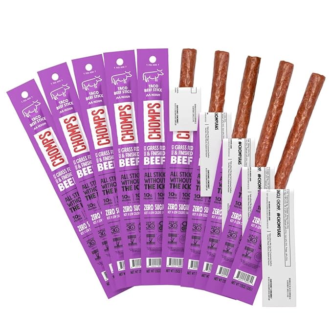 Chomps Grass-Fed and Finished Taco Beef Jerky Snack Sticks 10-Pack - Keto, Paleo, Whole30, 10g Lean