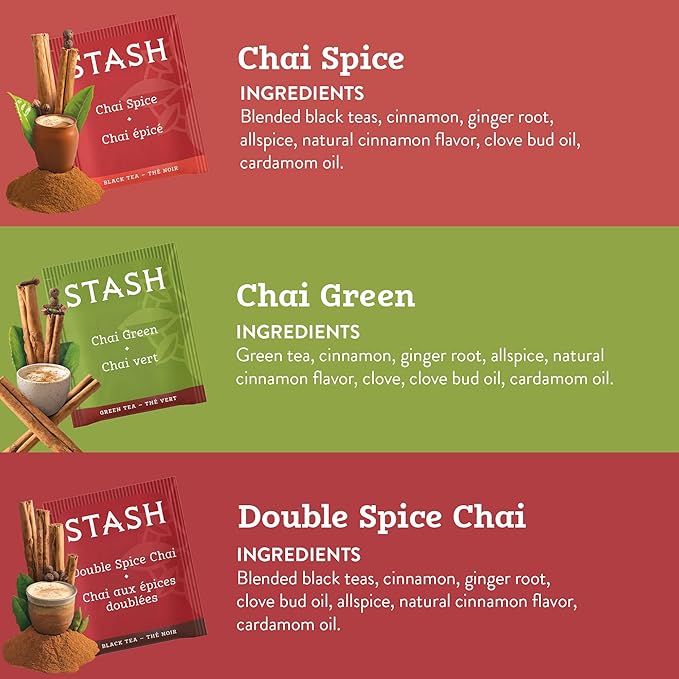 Stash Tea Chai Tea Variety Pack Sampler Assortment - Caffeinated, Non-GMO Project Verified Premium