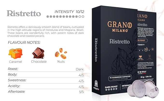 Grano Milano Ristretto Coffee Capsules - 50 Aluminum Coffee Pods Compatible with Nespresso Original