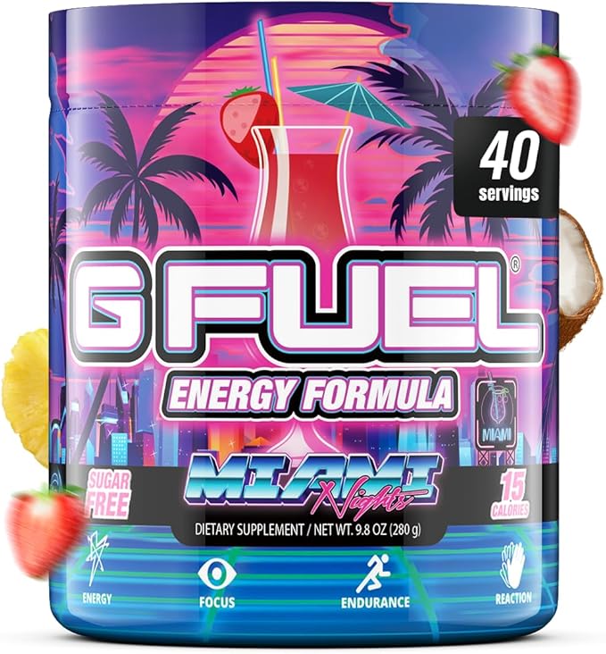 G Fuel Miami Nights Energy Drink Powder, Pre Workout Caffeine Mix for Gaming, Sugar Free Focus
