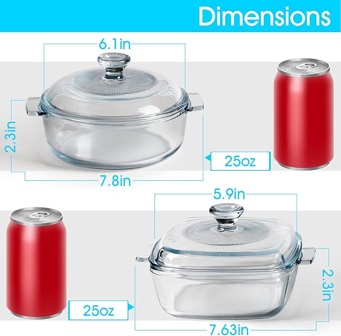 NUTRIUPS Mini Glass Casserole Dish Set with Lid Oven Safe Casserole Dish Set 2 Pack (5.9in