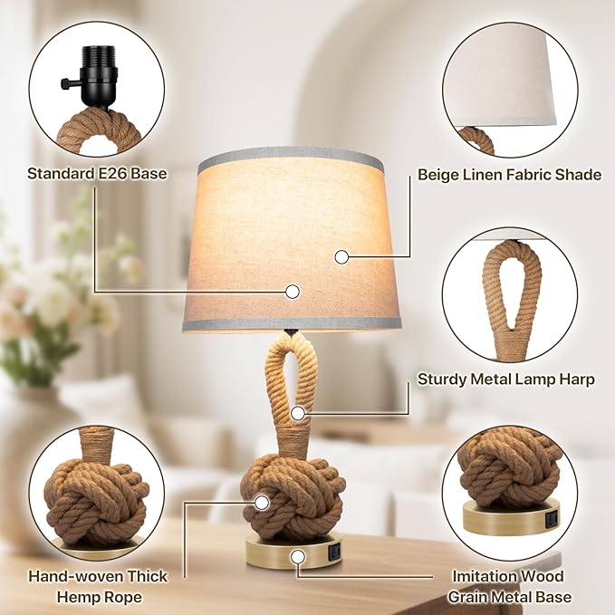 22" Rope Lamps for Night Stands, Bedside Lamps Set of 2, 3-Color Temperatures Boho Lamp with Rotary