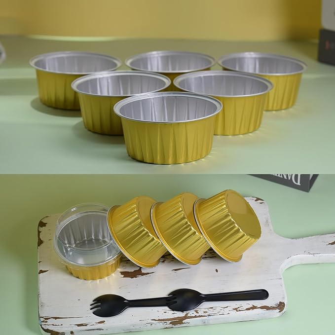 60 Pcs Mini Cake Pans with Lids,5oz Aluminum Foil Baking Cups Round Mini Disposable Ramekins 125ml