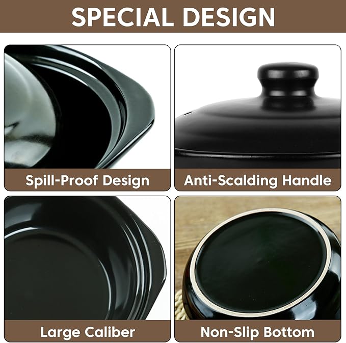 Ceramic Pots Casserole Soup Bowl with Lid Large Stock Clay Pot for Cooking (Black, 3.4 Quart)