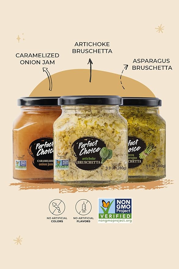 Perfect Choice Variety Pack with Delicious Artichoke Bruschetta, Green Asparagus Bruschetta &