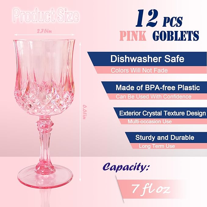12 PCS Pink Plastic Wine Glasses,Reusable Plastic Wine Glasses,Pink Goblet Glass,Durable and Sturdy