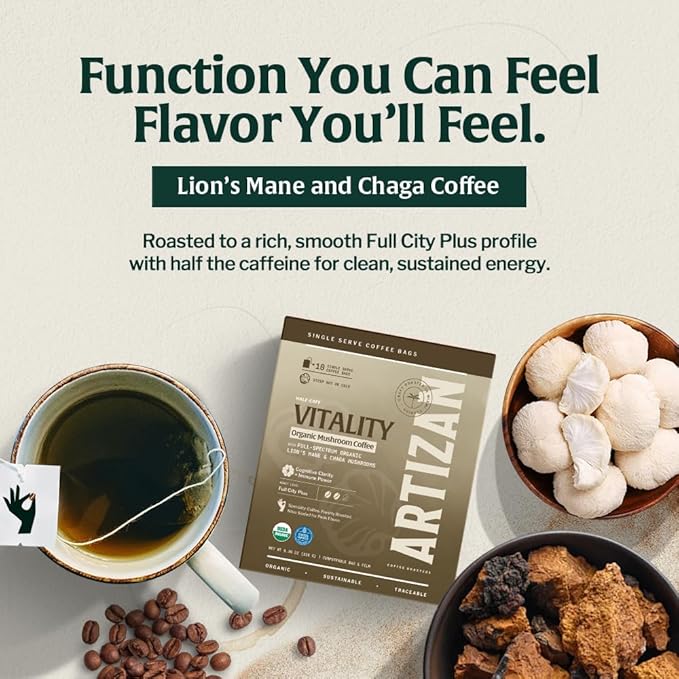 Artizan Organic Single-Serve Mushroom Coffee Bags – Lion’s Mane + Chaga | Half Caff | Full City
